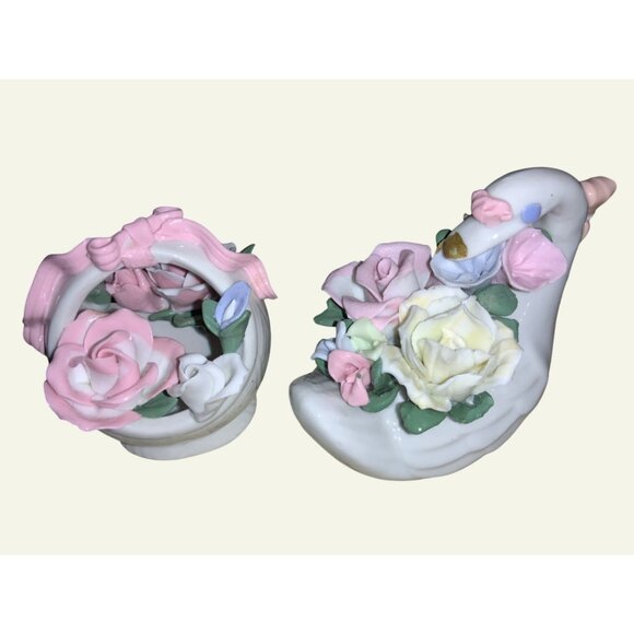 Vintage Porcelain Swan & Basket Figurines With Florals - Picture 7 of 15